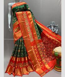 Pine Green and Orange color pochampally ikkat pure silk handloom saree with pochampally ikkat design -PIKP0036715