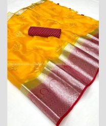 Mango Yellow and Red color Organza sarees with all over embroidery work design -ORGS0003229