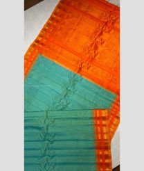 Turquoise and Orange color gadwal pattu handloom saree with all over tiny jari and reasham checks with temple kothakoma  kuthu border design -GDWP0001706