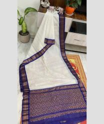 White and Navy Blue color gadwal cotton handloom saree with plain with temple kuttu interlock woven border design -GAWT0000197