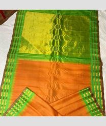 Orange and Parrot Green color gadwal pattu handloom saree with temple kothakoma kuttu border design -GDWP0001767
