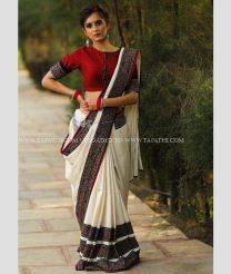 Cream and Black color linen sarees with all over digital printed design -LINS0003706