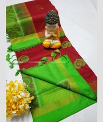 Red and Parrot Green color Tripura Silk handloom saree with all over buties design -TRPP0007971