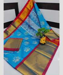 Blue and Golden Brown color Uppada Soft Silk handloom saree with all over flower printed design -UPSF0003290