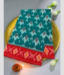 Teal and Red color pochampally Ikkat cotton handloom saree with pochampalli ikkat design -PIKT0000776