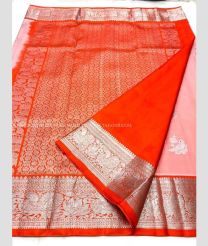 Baby Pink and Orange color venkatagiri pattu handloom saree with all over silver jari buties design -VAGP0000874