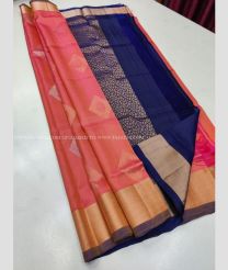 Peach and Navy Blue color soft silk kanchipuram sarees with zari border design -KASS0000416
