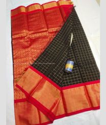 Red and Black color Chenderi silk handloom saree with all over jill checks design -CNDP0012491