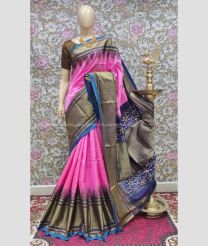 Pink and Grey color pochampally ikkat pure silk handloom saree with all over checks saree design -PIKP0016122