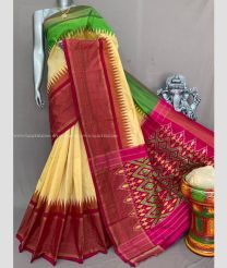 Lemon Yellow and Maroon color pochampally ikkat pure silk handloom saree with pochampalli border saree design -PIKP0016513