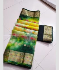 Pine Green and Yellow color Organza sarees with all over meena buties with heavy jari border design -ORGS0003345