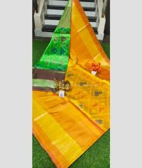 Green and Mango Yellow color Uppada Soft Silk sarees with pochampally border design -UPSF0004185