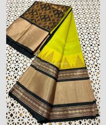 Parrot Green and Black color kuppadam pattu handloom saree with plain with big temple and rudraksha kanchi border design -KUPP0096802