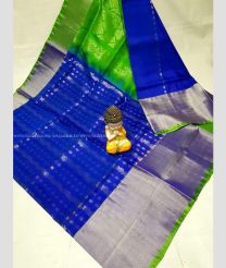 Navy Blue and Parrot Green color uppada pattu handloom saree with all over buties and checks with kaddi border design -UPDP0021184