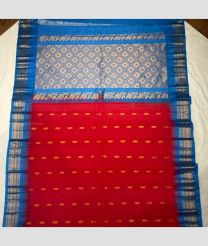 Red and Blue color gadwal cotton handloom saree with temple and kuthu border design -GAWT0000289