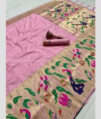 Baby Pink color paithani sarees with pure zari peacock design and big border -PTNS0005182
