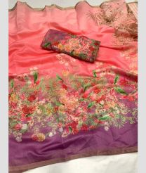Coral Pink and Lite Purple color linen sarees with all over floral printed design -LINS0003529