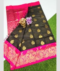 Pink and Black color Chenderi silk handloom saree with all over checks and buties saree design -CNDP0012071