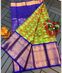 Blue and Parrot Green color kuppadam pattu handloom saree with all over pochampally ikkat with kanchi pletu border design -KUPP0090011