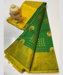 Green and Mustard Yellow color Kollam Pattu handloom saree with all over checks and buties sarees design -KOLP0000669