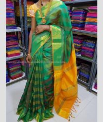 Green and Orange color Tripura Silk handloom saree with all over ikkat with kaddi border design -TRPP0006362