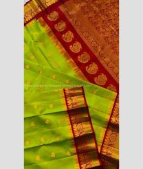 Green and Maroon color gadwal pattu handloom saree with temple border saree design -GDWP0000711