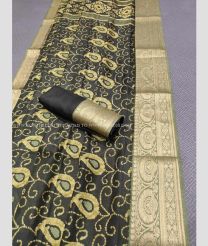Charcoal Black and Golden color linen sarees with heavy jacquard border design -LINS0003006