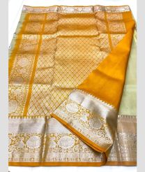 Ginger Brown and School Bus Yellow color venkatagiri pattu handloom saree with all over silver buties design -VAGP0000790