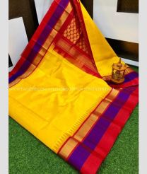 Mango Yellow and Red color kuppadam pattu handloom saree with plain with sp temple border design -KUPP0096974