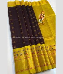 Dark Chocolate and Yellow color kuppadam pattu handloom saree with kanchi border design -KUPP0097130