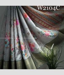 Half White and Fern Green color Banarasi sarees with all over digital printed with jacquard border design -BANS0018768