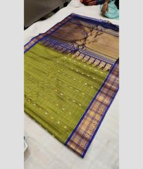 Olive and Blue color gadwal sico handloom saree with all over checks and buties design -GAWI0000566