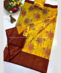 Brown and Yellow color Chenderi silk handloom saree with printed design saree -CNDP0012050
