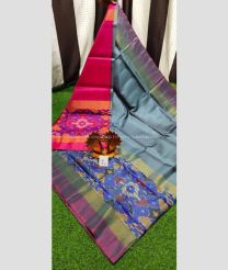 Deep Pink and Grey color Uppada Soft Silk handloom saree with big pochampalli weaving border saree design -UPSF0001965