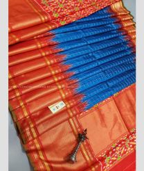 Blue and Red color pochampally ikkat pure silk handloom saree with handmade designer bone checks and ikkat handmade jaquard border -PIKP0021386