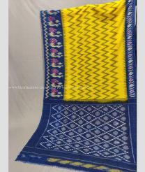 Yellow and Navy Blue color pochampally Ikkat cotton handloom saree with pochampalli ikkat design -PIKT0000786