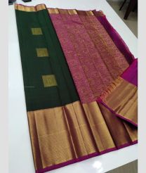 Forest Fall Green and Magenta color kanchi pattu handloom saree with all over big buties with double warp long border design -KANP0013303