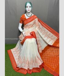 Cream and Orange color pochampally Ikkat cotton handloom saree with pochampalli ikkat design saree -PIKT0000376