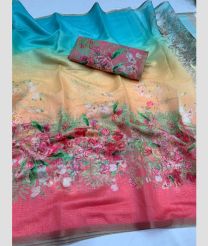 Lite Blue and Tomato Red color linen sarees with all over floral printed design -LINS0003526