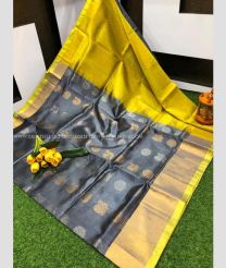 Grey and Yellow color kuppadam pattu handloom saree with all over buttas design -KUPP0097168