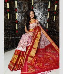Cream and Red color Ikkat sico handloom saree with pochampalli ikkat design -IKSS0000444