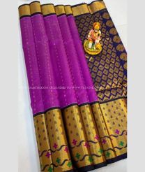 Magenta and Navy Blue color kuppadam pattu handloom saree with kanchi border design -KUPP0097119