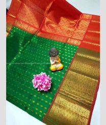 Dark Green and Orange color kuppadam pattu handloom saree with all over buties with kanchi border design -KUPP0096731
