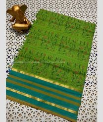 Green and Medium Teal color mangalagiri pattu handloom saree with all over printed design -MAGP0026575