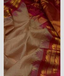 Cream and Pink color gadwal cotton handloom saree with all over checks with temple kothakomma kuthu interlock woven system design -GAWT0000103