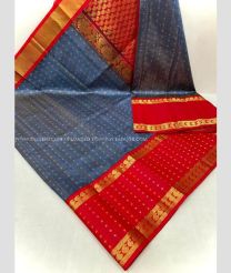 Bluish Grey and Red color kuppadam pattu handloom saree with all over jari checks and buties with kuppadam kanchi border design -KUPP0097100