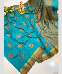 Blue Turquoise and Camel Brown color Kora sarees with all over buttas design -KORS0000145