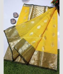 Mango Yellow color Banarasi sarees with tree buta weaving beautiful kanjivaram border design -BANS0007912