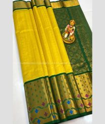 Yellow and Dark Green color kuppadam pattu handloom saree with kanchi border design -KUPP0097134