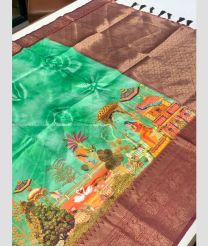 Aquamarine and Brown color Banarasi sarees with all over the body with zari work and majestic contrast kalamakri designe print -BANS0018763